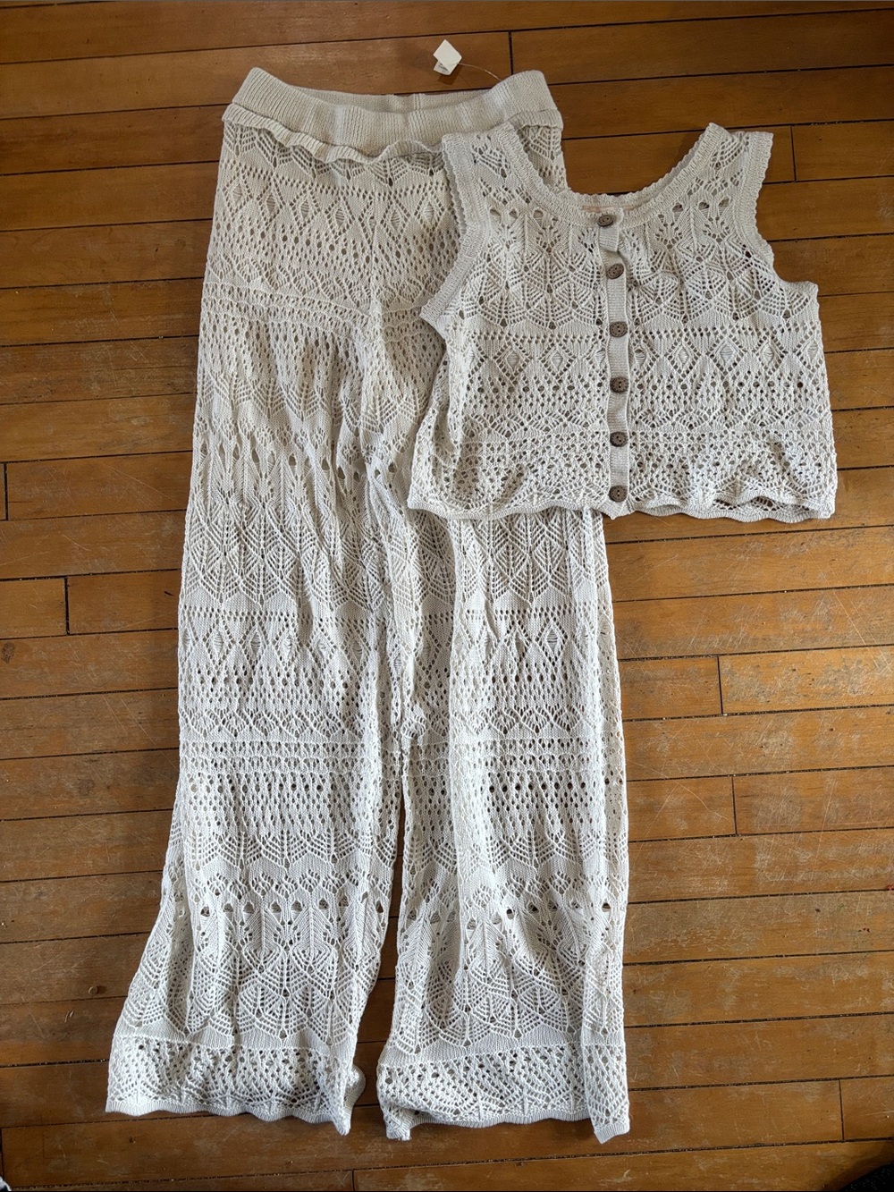 Good Luck Gem Crochet Knit Wide-Leg Pants & Button-Front Tank — Cream